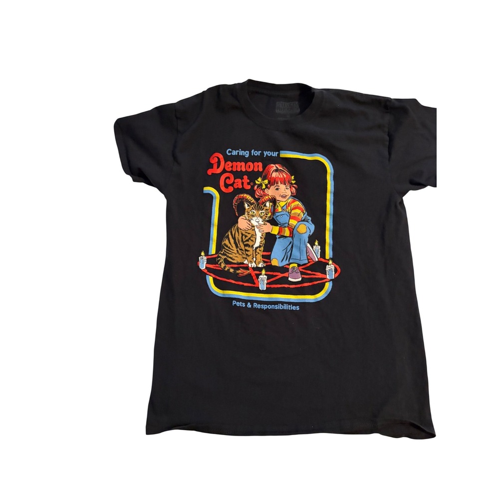 Steven Rhodes T-Shirt Demon Cat‎ Retro Satire Black Graphic Tee Medium